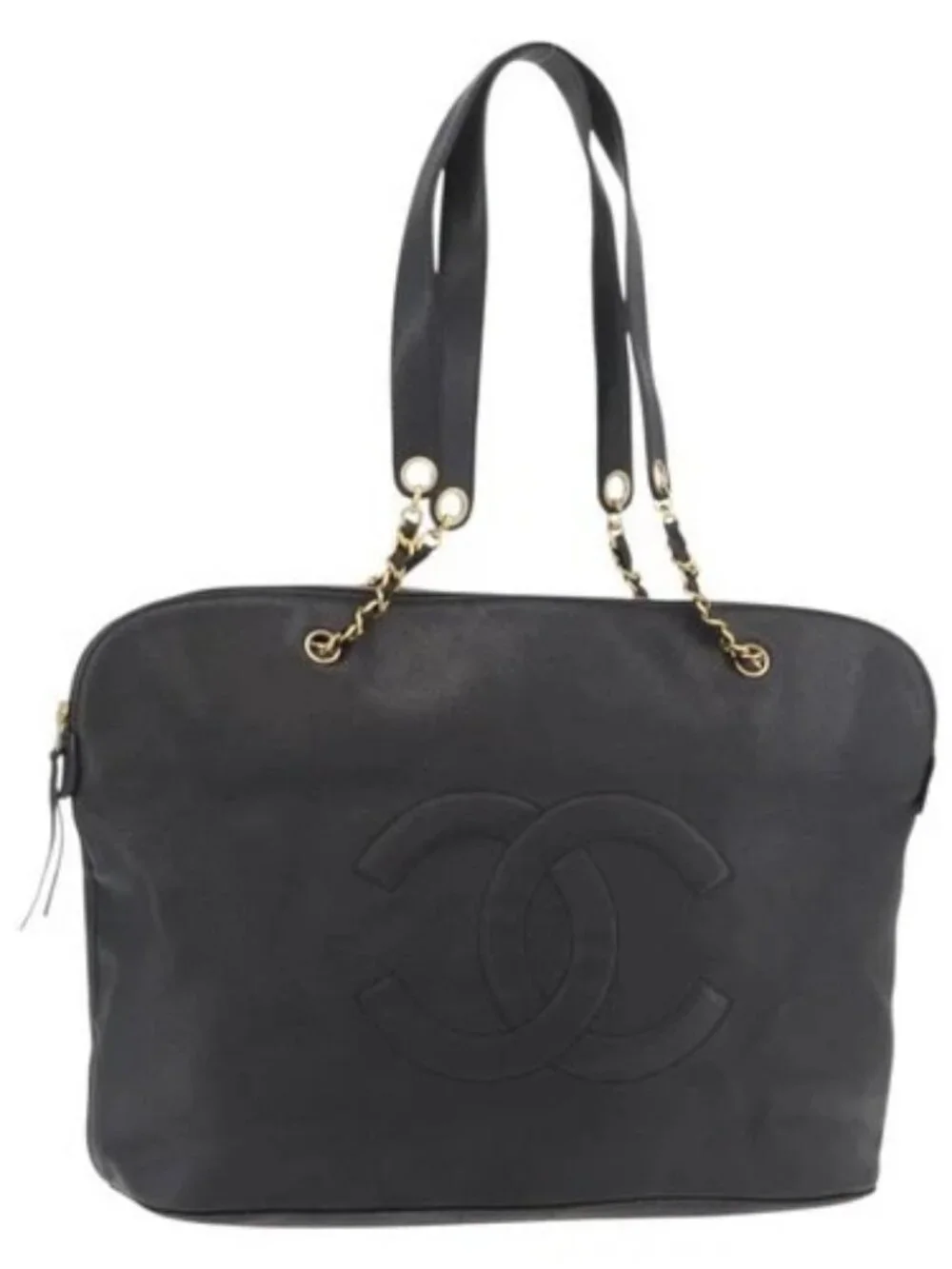 CHANEL COCO Mark Chain Tote Bag Grained Calf Skin Black CC Auth MY307